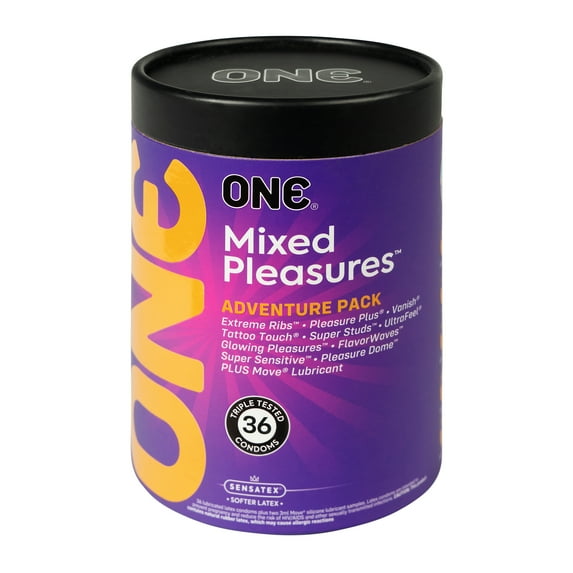 ONE Mixed Pleasures Condoms | 36 Pack | Condom Variety Pack | Thin Condoms, Ultra-Lubricnated Condoms, Studded Condoms, Textured Condoms, Glowing Condoms | Nontoxic, Non-GMO | Triple Tested