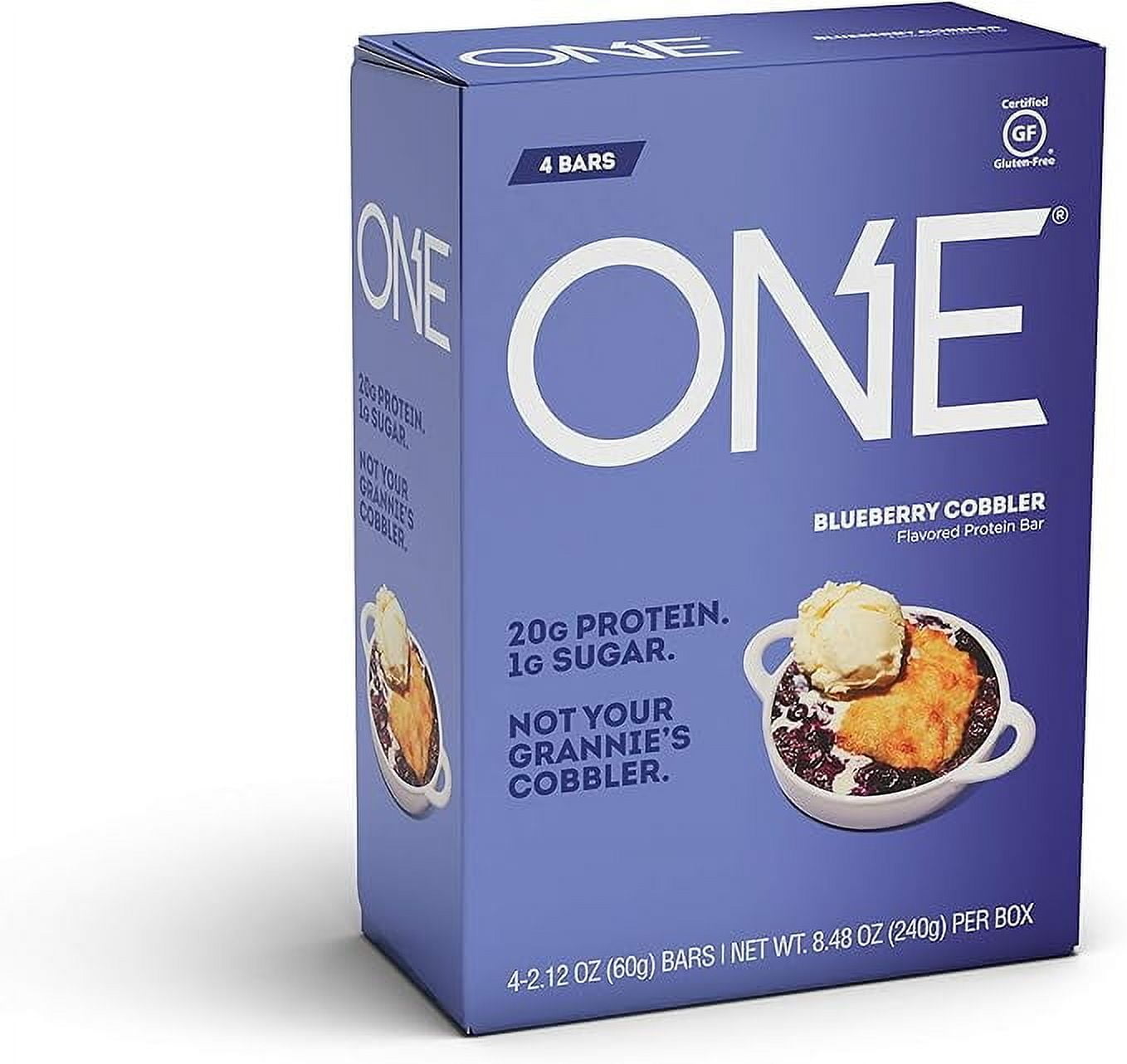 ONE Protein Bars, Blueberry Cobbler, Gluten-Free Protein Bar with 20g Protein and only 1g Sugar, Snacking for High Protein Diets, 2.12 Ounce (4 Pack)