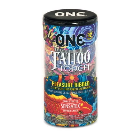 ONE Tattoo Touch + Silver Pocket Case, Exotic Tattoo Inspired Textured Latex Condoms-12 Count (Retail Packaging)