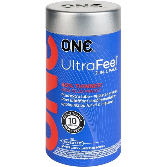 ONE UltraFeel Latex Condoms with Silver Lunamax Pocket/Travel Case, Ultra-Thin Condom and Lubricant Combo Pack, 10 Pack