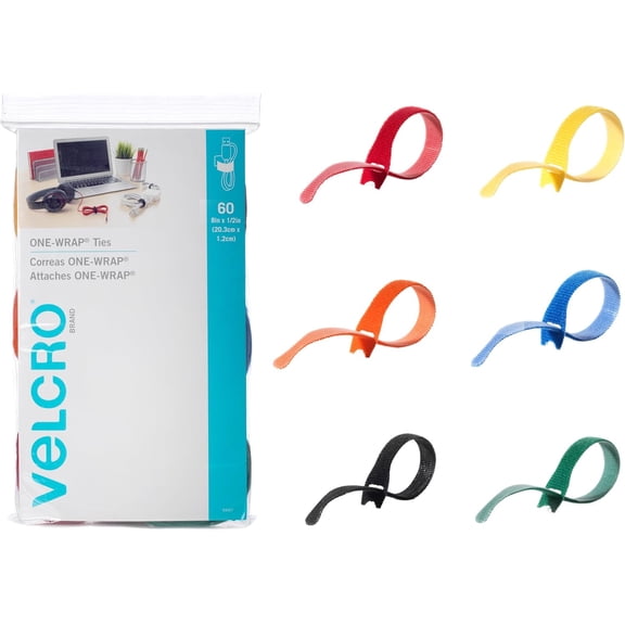 ONE-WRAP | 60Pk | 8 x 1/2" Straps, Multicolor | Strong Reusable Wire Management | Cord Bundling for Home Office and Data Centers