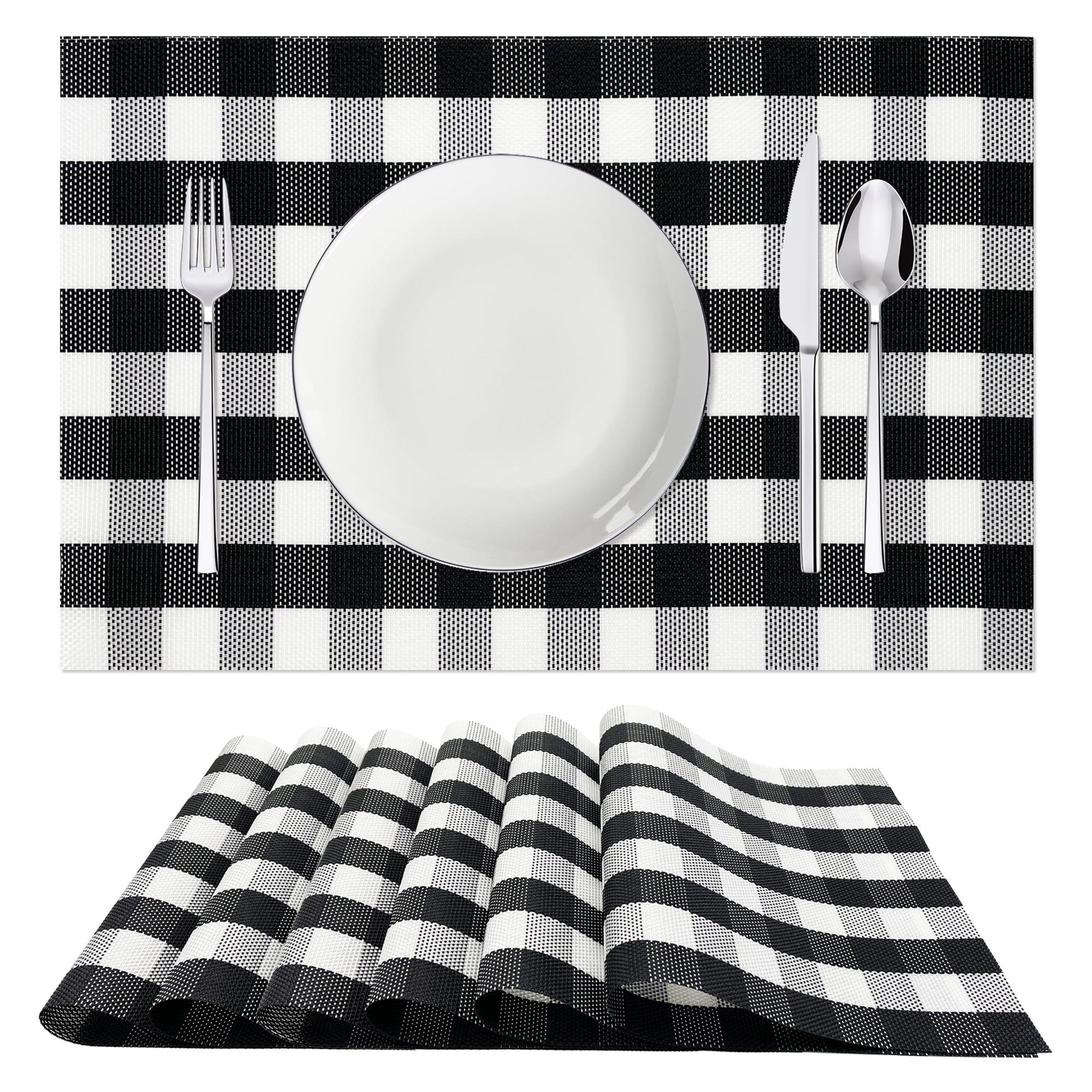 Furrygo Black and White Buffalo Plaid Placemats Set of 6, PVC Checkered