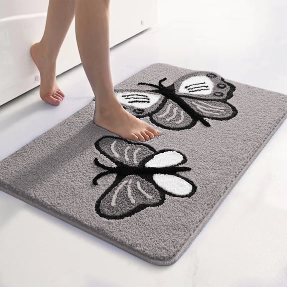 Furrygo Gray Bathroom Rug, Butterfly Pattern Microfiber Shaggy Bathroom Mats |Absorbent |Non Slip |24" x 36"