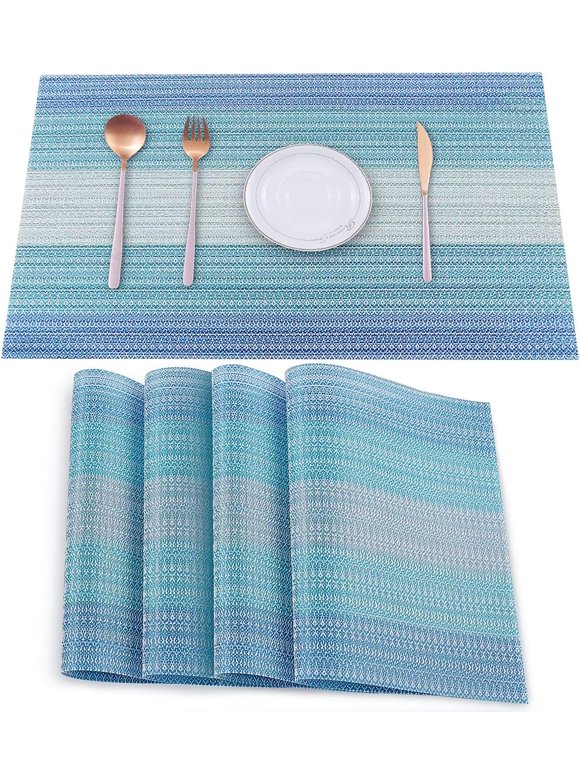 Furrygo Placemats Set of 4, Woven Vinyl Placemats, Heat-Resistant Non-Slip Washable PVC Table Mats for Dining Table, Easy to Clean, Blue, 12x18 Inch