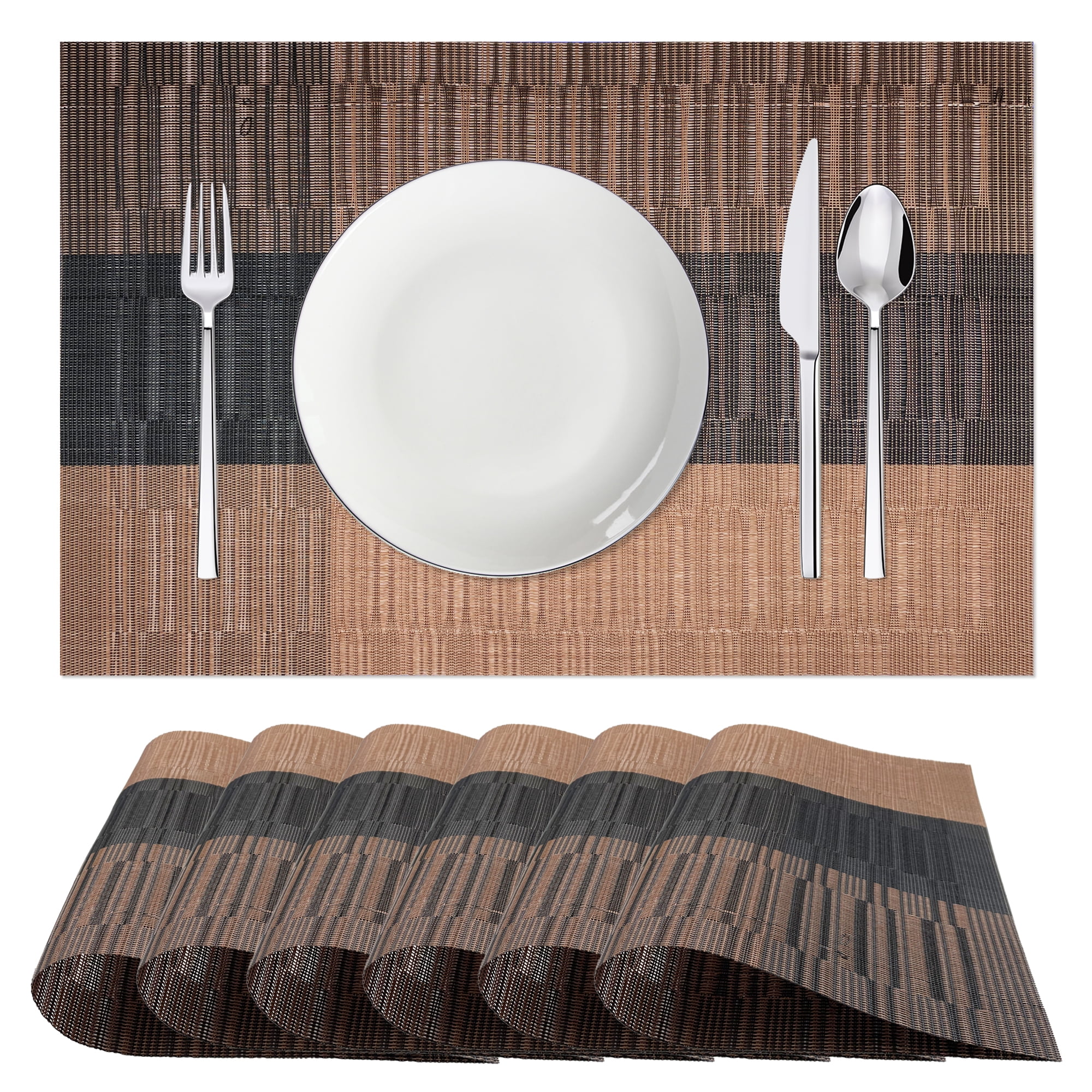 Furrygo Woven Placemats Set of 6, Brown Anti-Slip Heat PVC Resistant ...
