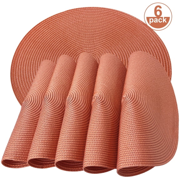 Furrygo Woven Placemats Set of 6, 15 inch Washable Round Kitchen Table Mats for Dining Tables, Heat Resistant, Water Resistant, Orange