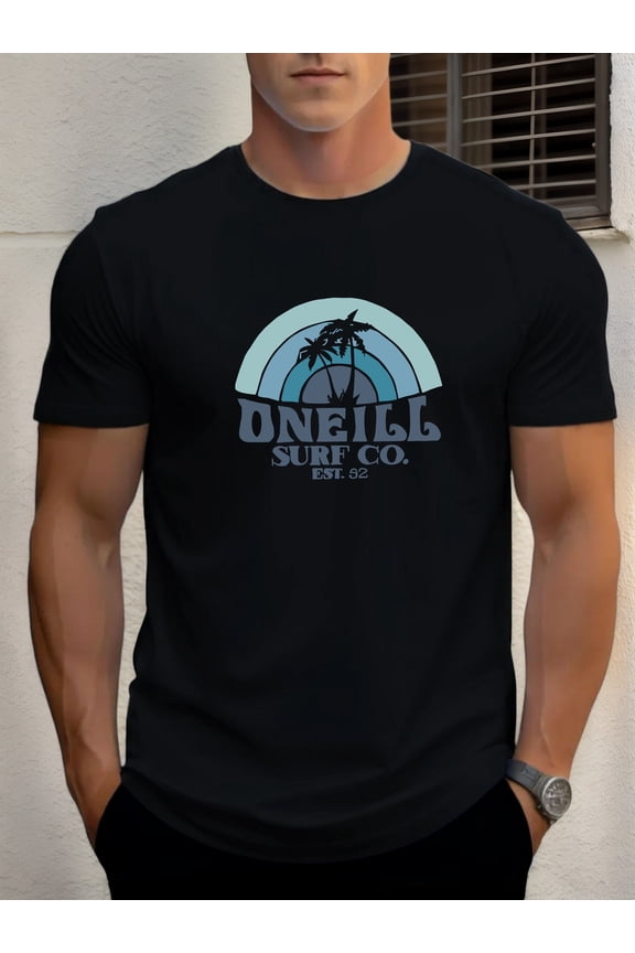 ONEILL Men's Surf Co. Graphic Print Casual T-Shirt - Summer Short Sleeve Round Neck Tee with Palm Tree & Wave Design, White & Blue, Regular Fit for Beach, Surfing & Casual Attire