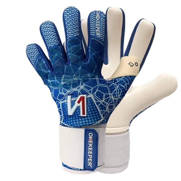 ONEKEEPER C-TEC Blue and White Goalkeeper Gloves – No Finger Spines – Cold Weather with Thin Neoprene Backhand – Pro Goalie Gloves, 3.5mm Contact Latex, Negative Cut, Sizes 5-12