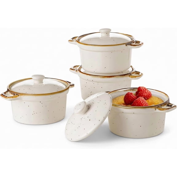 ONEMORE Mini Cocotte Set of 4, 6 oz Ceramic Ramekins with and Handles, Small Casserole Dishes for Oven, Mini Dutch Oven for Onion Soup, Souffle and Baking, Microwave & Dishwasher Safe, Creamy White