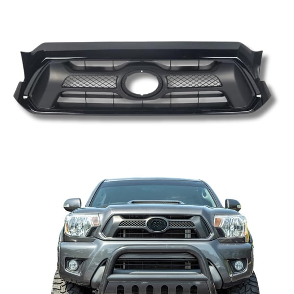 ONEPI Front Grill Gloss Black Shell W/ Matte Black Mesh Compatible with Toyota Tacoma 2012 2013 2014 2015 Models, No Emblem, Replacement for 5310004481