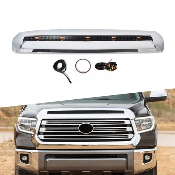 ONEPI Front Upper Hood Bugle Molding with 5 Amber LEDs Compatible with Toyota Tundra 2014 2015 2016 2017 2018 2019 2020 Models, Chrome, Replacement for 76180-0C030,761800C030C0