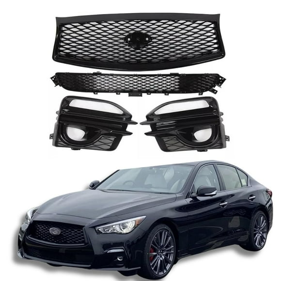 ONEPI Gloss Black Front Grill Lower Grill Fog Lights Cover Kit Compatible with INFINITI Q50 Sport 2014 2015 2016 2017 Models, No Emblem