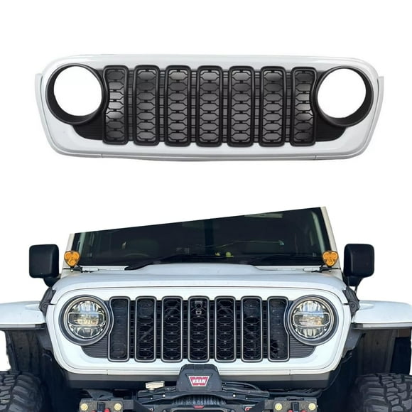 ONEPI White&Black Front Grill Compatible with Jeep Gladiator JT 2018 2019 2020 2021 2022 2023 2024 Models, W/O Camera Hole, No Emblem Style