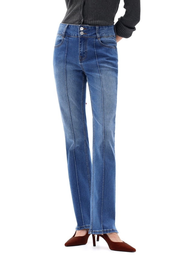 Mid Rise Bootcut Denim Jeans High Stretch Front Seam Double Button High Stretch Denim