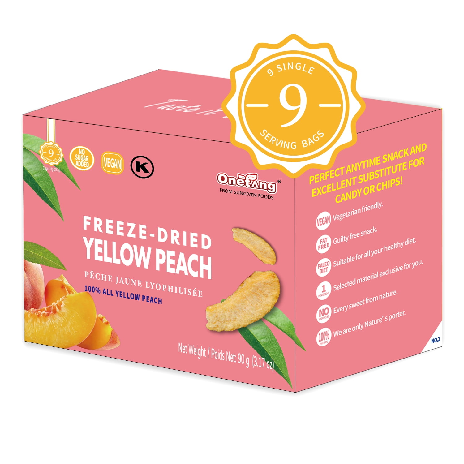 ONETANG Freeze-Dried Fruit Yellow Peach Chips, 9 Pack Single-Serve Pack, Non GMO, Kosher, No Add Sugar, Gluten free, Vegan