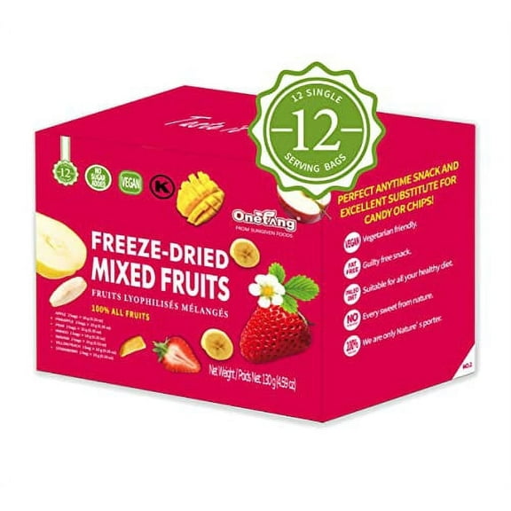 ONETANG Organic Unsweetened Freeze-Dried Mixed Fruit, 12 Pack Single-Serve Bags, Non-GMO, Kosher, Gluten-Free, Vegan