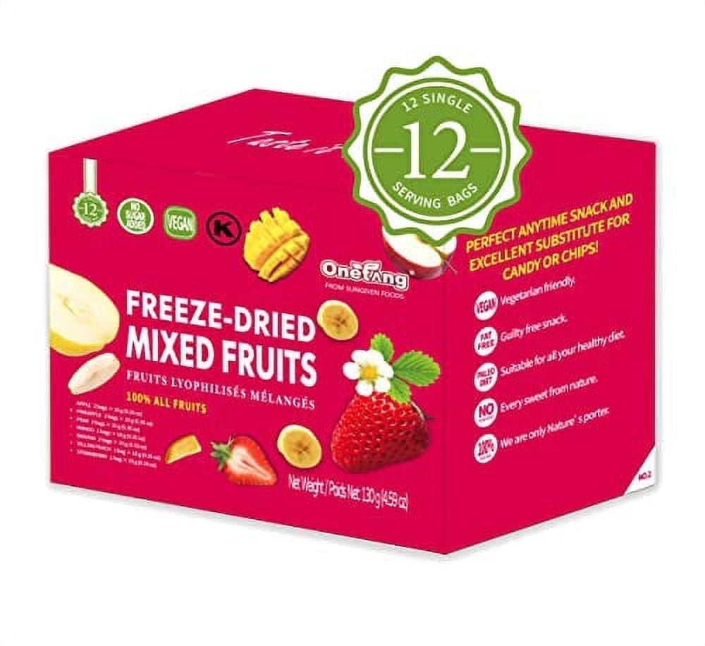 ONETANG Organic Unsweetened Freeze-Dried Mixed Fruit, 12 Pack Single-Serve Bags, Non-GMO, Kosher, Gluten-Free, Vegan