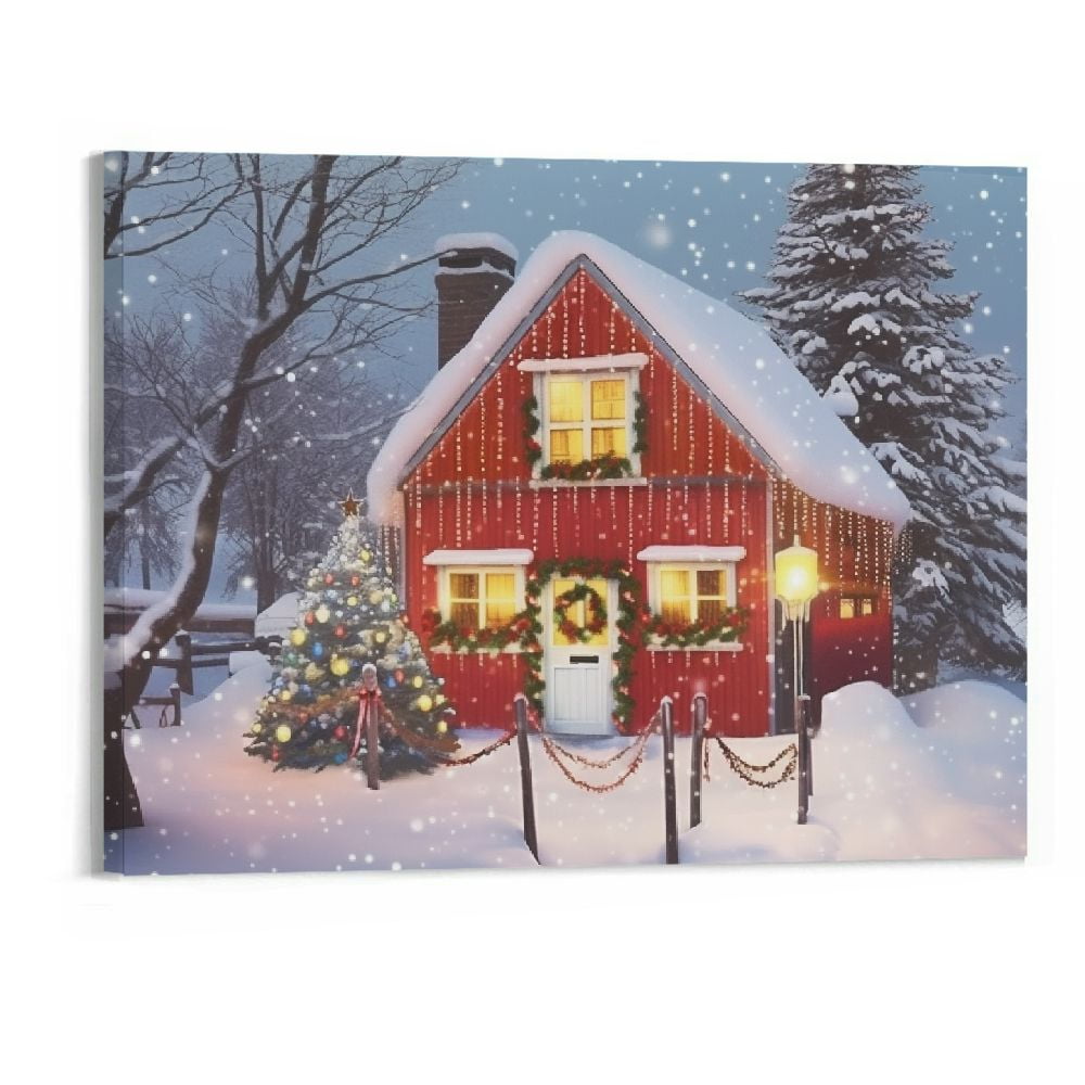 16" x 20" Christmas LED Lighted Canvas Wall Art Prints Light Up Red Barn House Tree