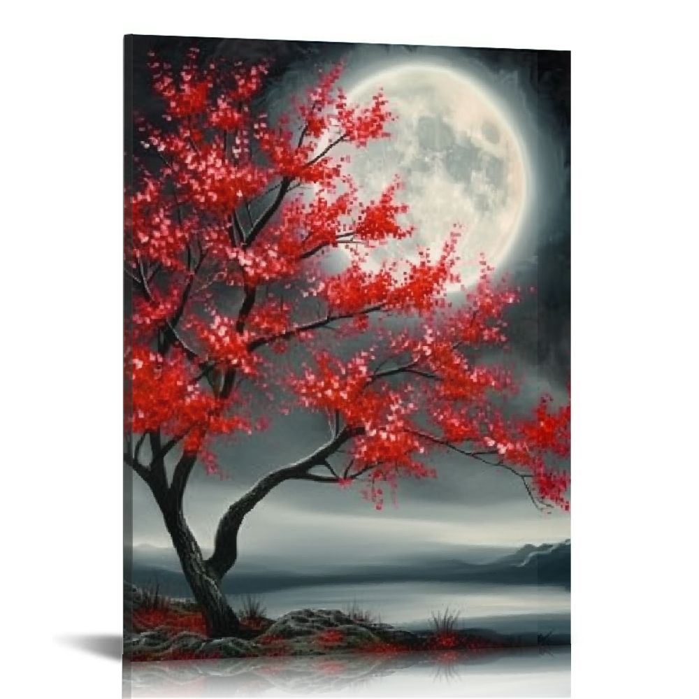3 Pieces Black and Red Canvas Wall Art Full Moon Red Flower
