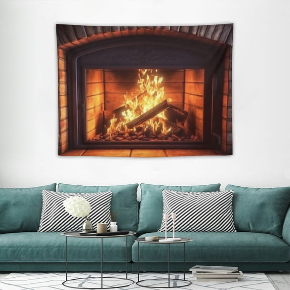 ONETECH  40x30Inches Burning Fire Tapestry Christmas Fireplace Bright Brick Wall Hanging Vintage Merry Elements Festival Celebrate Wall Tapestry for Living Room Decor