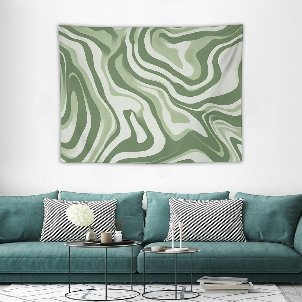 70s Swirl Retro Tapestry Wall Hanging, Boho White Sage Green