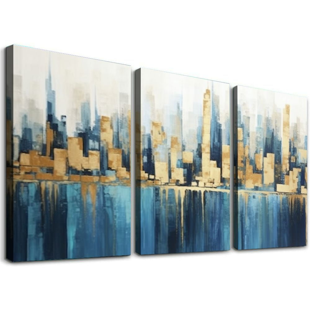 Abstract Cityscape Canvas Wall Art Framed Navy Blue City