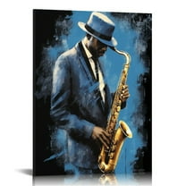 ONETECH Abstract Jazz Musician Framed Canvas Wall Art Saxophone Musical Instrument Picture Giclee Retro Artwork Home Decor Stretched and Framed for Bedroom Living Room Dance Classroom Decoration