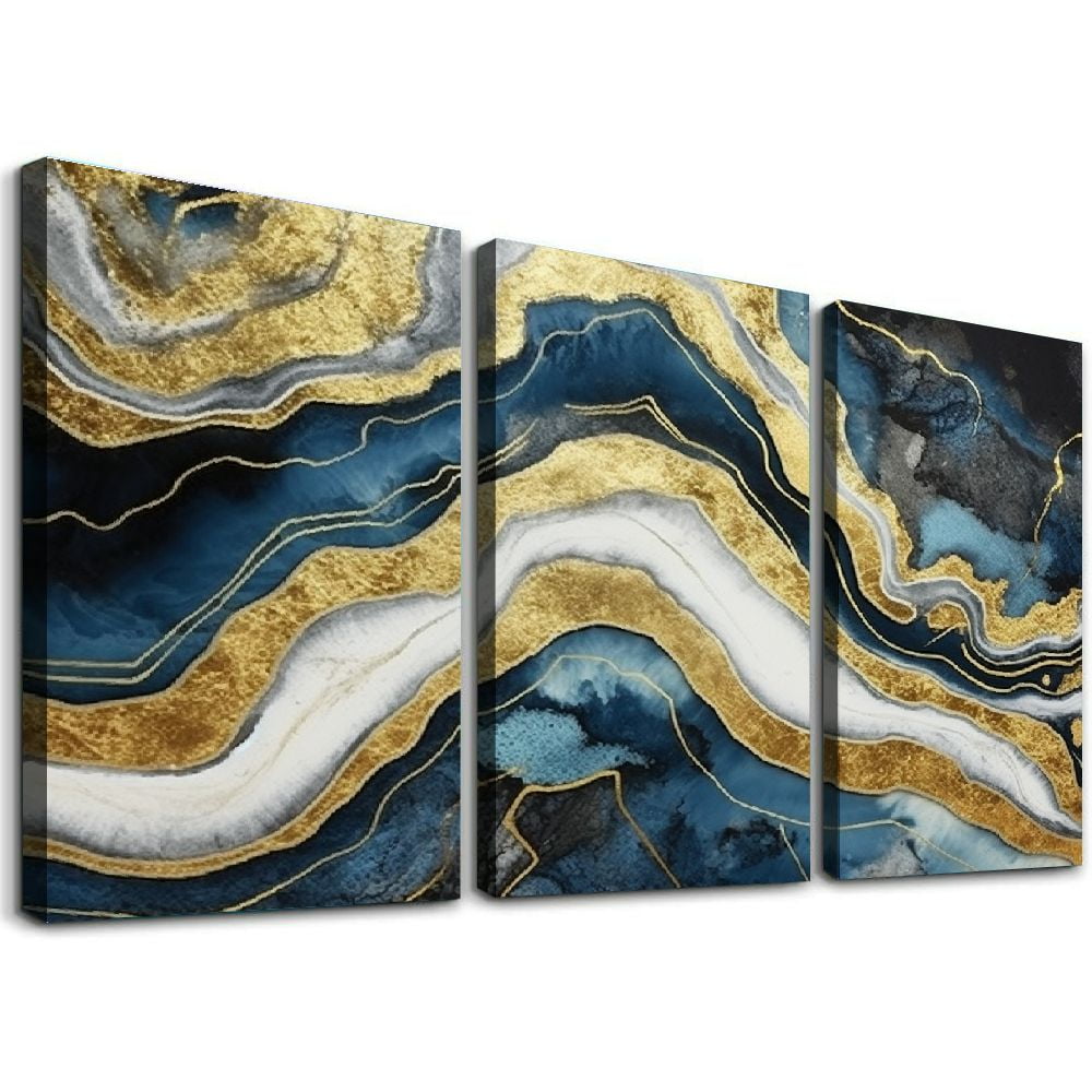 ONETECH Abstract Marbles Texture Canvas Wall Art Blue White and Gold ...