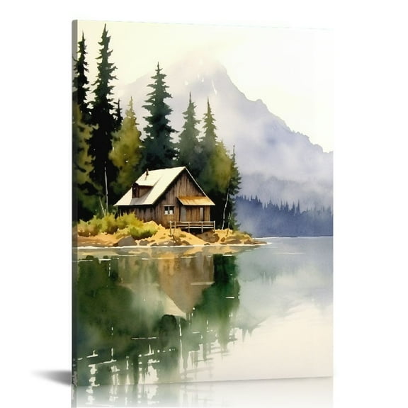 ONETECH Abstract Mountain Landscape Wall Art Lake Watercolor Painting Abstract Forest Print Cabin In The Woods Poster Watercolor Mountain Canvas Green Forest Pictures Modern Scenery Artwork