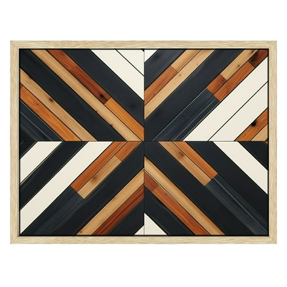 ONETECH Abstract Plank Canvas Wall Art Retro Geometric Tribal Pattern Paintings Linen Print Black White Rustic Brown Vintage Wall Decals Boho Style Decor Wooden Framed Artwork Decoration for Living