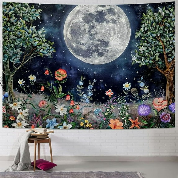 ONETECH Aesthetic Moon Garden Tapestry Wall Hanging, Night Landscape with Colorful Plants Floral Tapestries for Bedroom Home Decor Multi Color