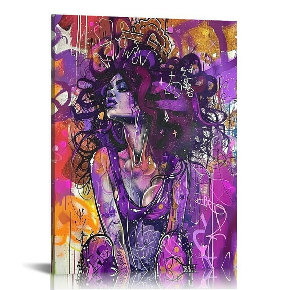 ONETECH African American Queen Egyptian Crown Wall Painting, Colorful Afro Body Art Canvas Print Artwork, Modern Women Abstract Graffiti Art Canvas Painting for Living Room Decoration