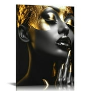 ONETECH African American Woman Canvas Wall Art Black Gold Woman Wall Picture Black Girl Portrait Painting Modern Home Living Room Decor Framed  16x20 inch