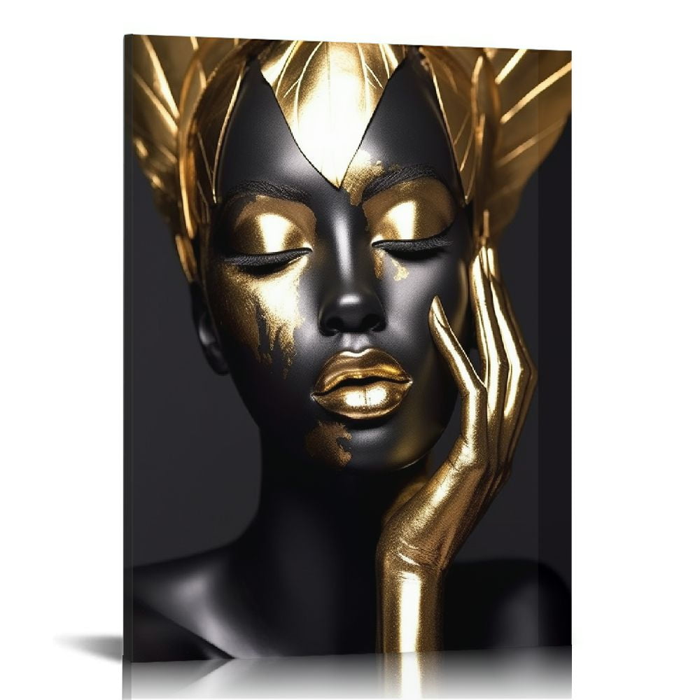 African Art Wall Decor Elegant African American Wall Art Black and Gold Leaf Women