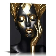 ONETECH African Art Wall Decor Elegant African American Wall Art Black and Gold Leaf Women Portrait Print Painting Framed for Home Living Room Bedroom Decor