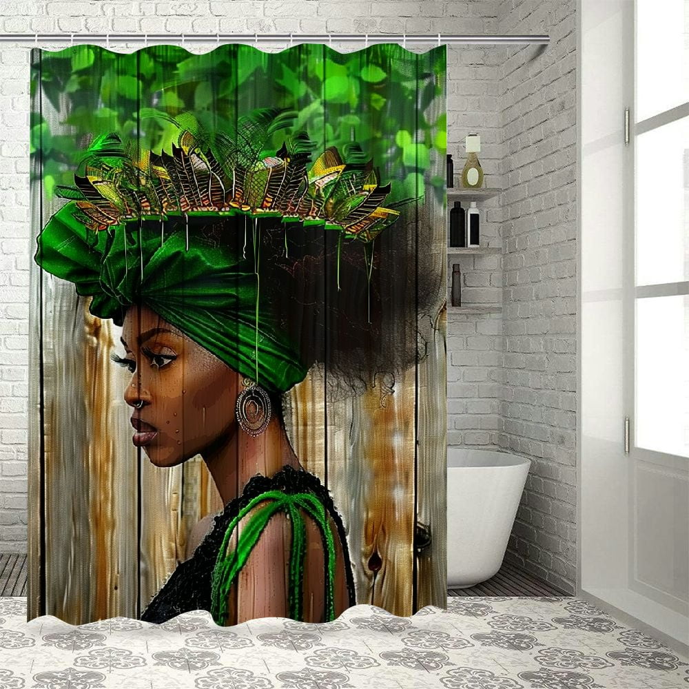African Woman Shower Curtain Afro Black Art Green Leaves Women Watercolor Design