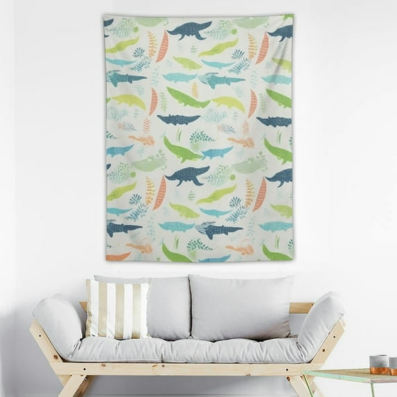 ONETECH  Alligator Tapestry, Watercolor Crocodile Drawing Wildlife Exotic Mammal Nursery Theme, Fabric Wall Hanging Decor for Bedroom Living Room Dorm,Green White