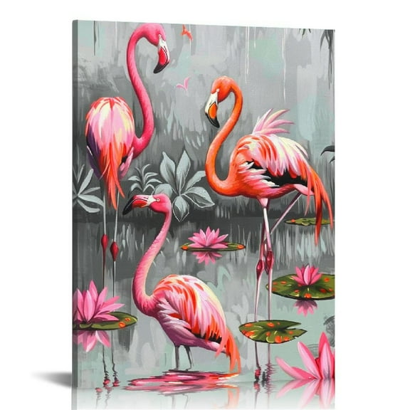 ONETECH Animal Canvas Wall Art Pink Flamingo family Painting Picture Canvas Prints Pink and gray Artwork Stretched and Framed Living Room Bedroom Decor 12x16 in