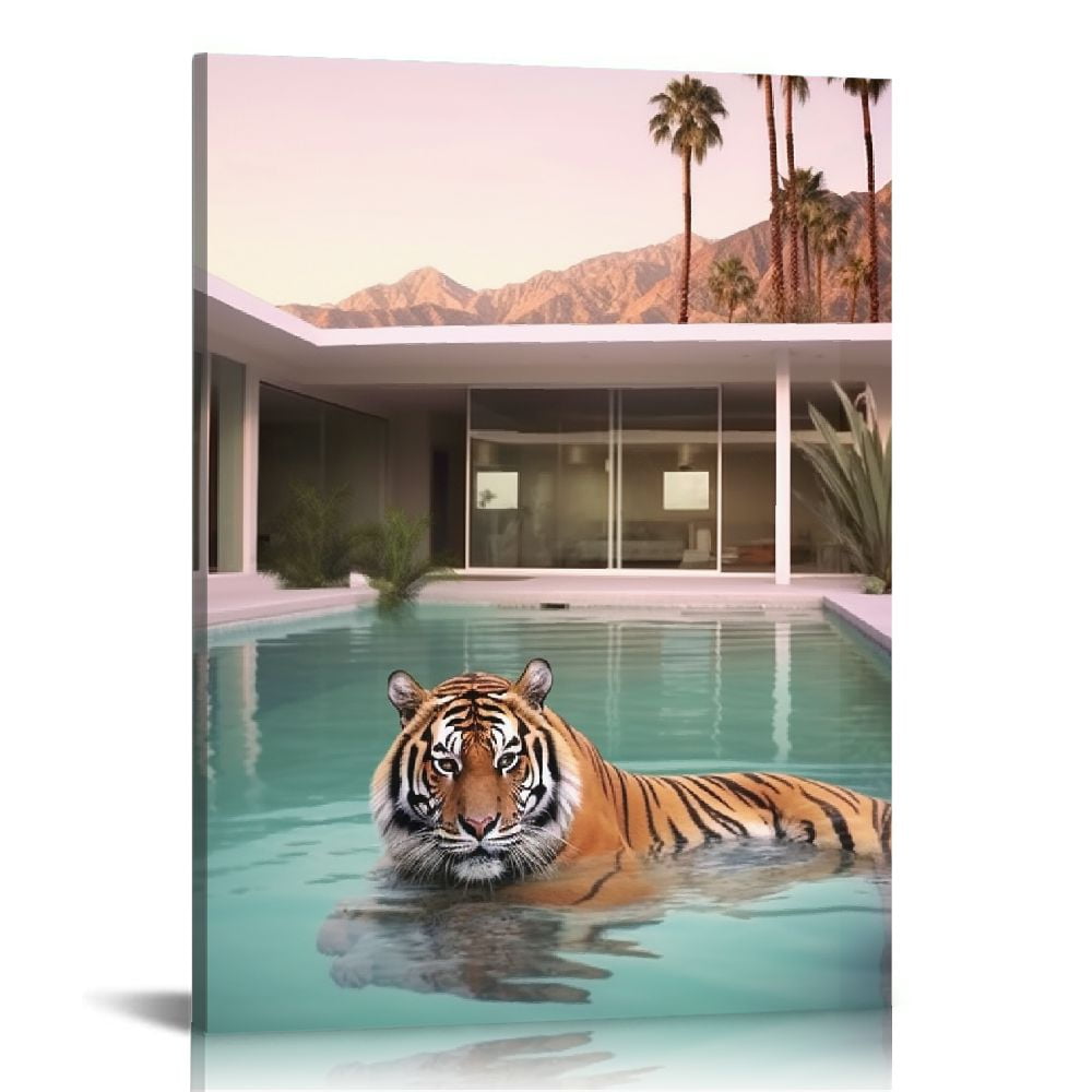 Animal Tigers and Swimming Pool Poster Wall Art Canvas Painting