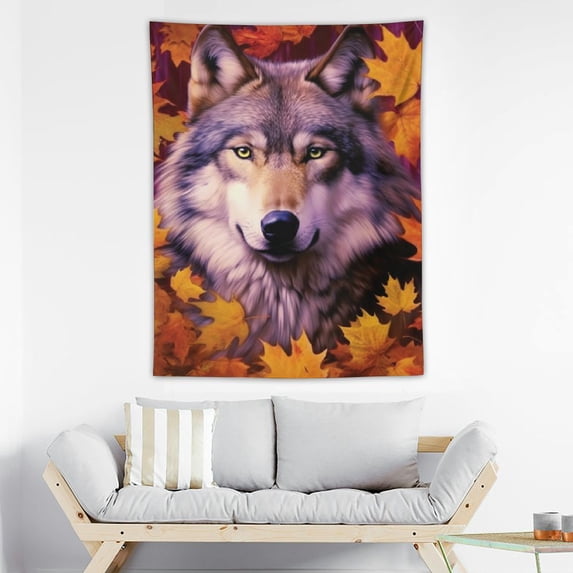 ONETECH Animal Wolf Tapestry Lovely Pet Husky Tapestry Autumn Dream Plant Maple Leaf Tapestry for Living Room Bedroom