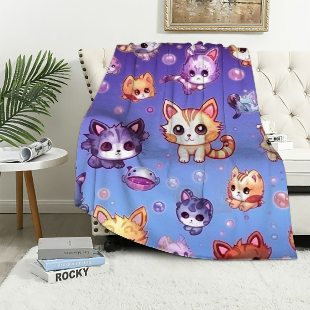 Anime Purple Cartoon Cute Cat Throw Blanket for Couch