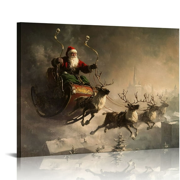 ONETECH  AnyDesign Christmas Canvas Wall Art Prints Large Vintage Santa Claus with Reindeer Sleigh Art Poster Xmas Wall Decor for Gallery Living Room Bedroom  16x12in
