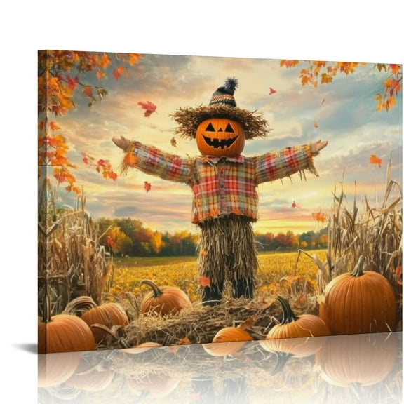 ONETECH  Autumn Canvas Wall Art - Scarecrow Harvest Field Autumn Poster Paintings - Retro Fall Scene Prints - Vintage Farmhouse Pictures Thanksgiving Home Decor  20x16in