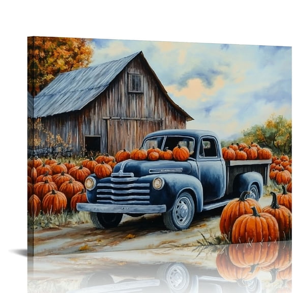 ONETECH Autumn Wall Art Pumpkin Canvas Wall Decor Rustic Farmhouse Blue Truck Picture Fall Harvest Painting Vintage Artwork for Dining Room Living Room Bedroom 20x16in