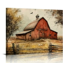ONETECH  Barn Pictures Wall Decor Old Farmhouse Canvas Wall Art Rustic Red Barn Painting Print Living Room Kitchen Decor Frame  20x16in