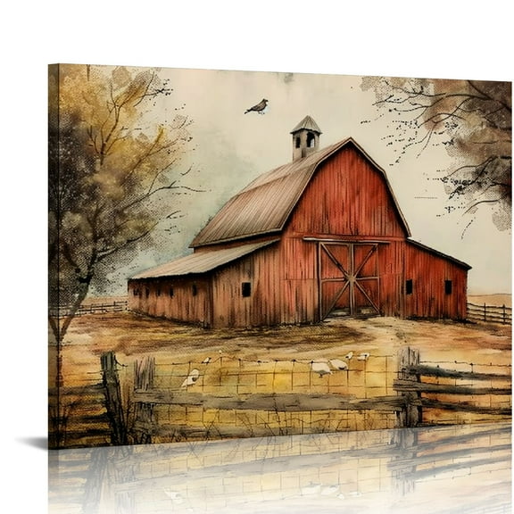 ONETECH Barn Pictures Wall Decor Old Farmhouse Canvas Wall Art Rustic Red Barn Painting Print Living Room Kitchen Decor Frame 20x16in