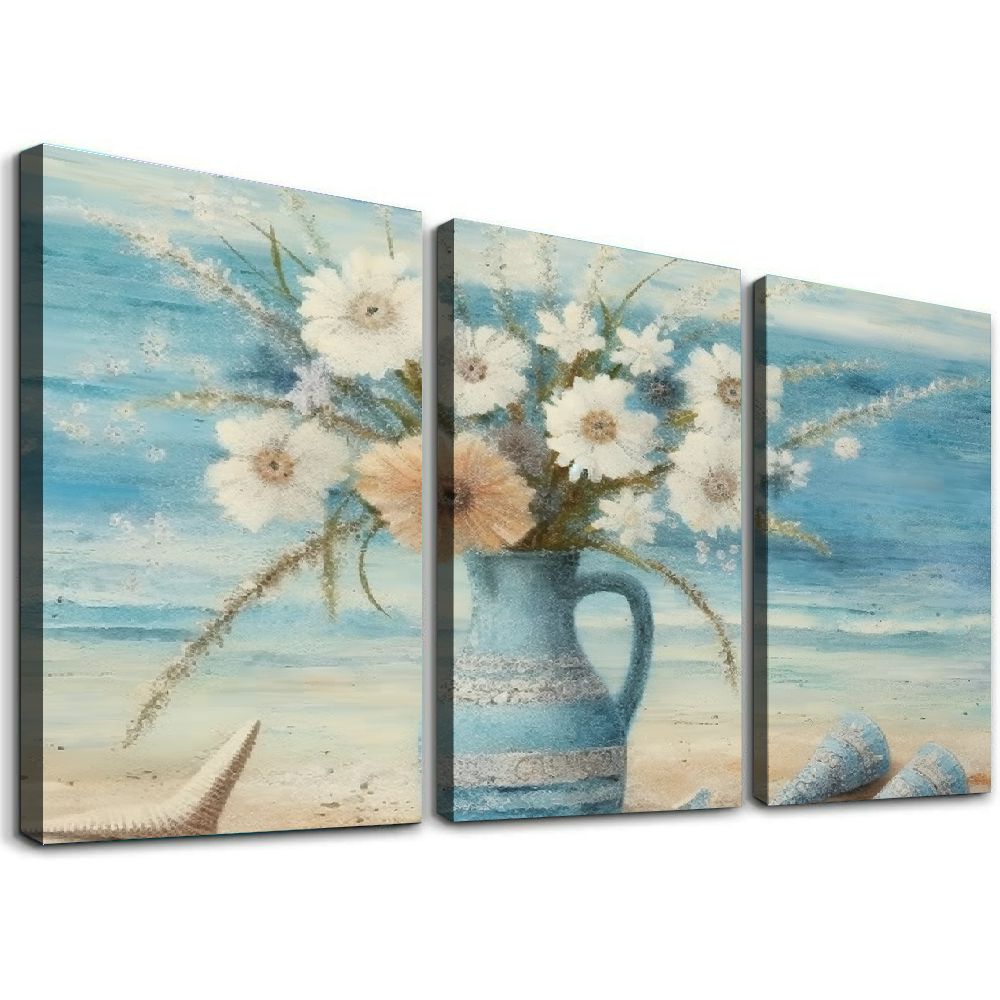 ONETECH Bathroom Decor Wall Art Blue Beach Picture Ocean Theme Flower ...