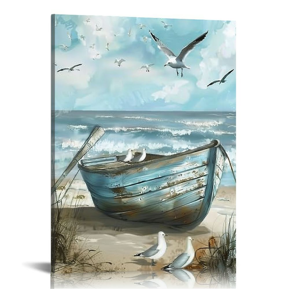 FUMJ Bathroom Wall Art Coastal Décor Nautical Boat on Beach Canvas ...