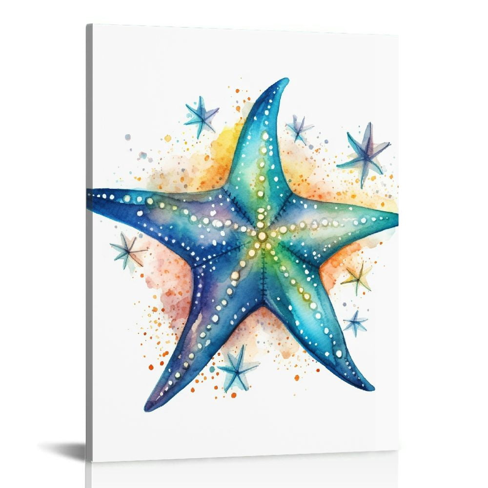 ONETECH Bathroom Wall Decor Teal Watercolor Starfish and Seashell Conch ...
