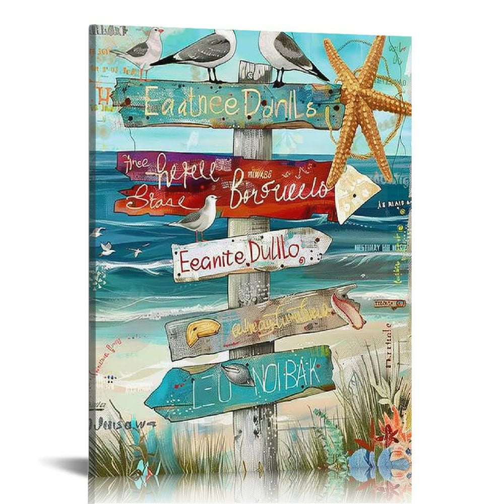 ONETECH Beach Bathroom Decor Ocean Wall Art Coastal Seagulls Starfish ...